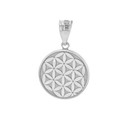 Solid White Gold Flower of Life Dainty Disc Medallion Pendant Necklace