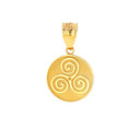 Solid Yellow Gold Celtic Triple Spiral Triskele Irish Knot Disc Medallion Pendant Necklace