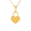 Solid Yellow Gold Swirl Heart Padlock Pendant Necklace