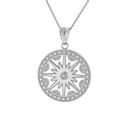 Solid White Gold Textured Medallion Openwork Flaming Sun Pendant Necklace