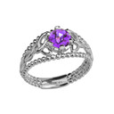 White Gold Genuine Amethyst Beaded Celtic Trinity Knot Engagement/Promise Ring