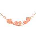 14K Solid Rose Gold Flower Branch  Plum Blossoms Sideways Pendant Necklace