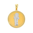 Two Tone Solid Yellow Gold Jesus The Good Shepherd Cuban Link Circle Frame Medallion Pendant Necklace 1.34 " (34 mm)