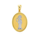 Two Tone Solid Yellow Gold Santa Muerte Cuban Link Frame Medallion Pendant Necklace 1.28" (  32 mm)