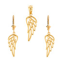 14K Solid Gold Filigree Guardian Angel Wing Pendant Earring Set(Available in Yellow/Rose/White Gold)
