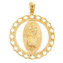 Solid Yellow Gold Scalloped Edge Frame Openwork Our Lady of Guadalupe Pendant Necklace 1.59" (40 mm)