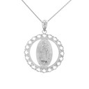 Solid White Gold Scalloped Edge Frame Openwork Our Lady of Guadalupe Pendant Necklace 1.24" ( 31 mm)