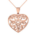 Solid Rose Gold Filigree Heart Pendant Necklace