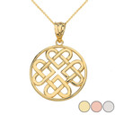 Woven Celtic Hearts Circle Pendant Necklace in Solid Gold (Yellow/Rose/White)