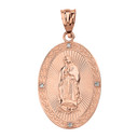 Solid Rose Gold Our Lady of Guadalupe Engravable Oval  Medallion Diamond Pendant Necklace (Small)