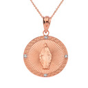 Mary Mother of Jesus Round  Diamond in Gold Pendant Necklace (Yellow/Rose/White)