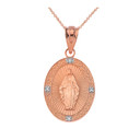 Mary Mother of Jesus Oval  Diamond in Gold Pendant Necklace (Yellow/Rose/White)