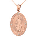 Solid Rose Gold Mary Mother of Jesus Oval Medallion Diamond Pendant Necklace (Large)