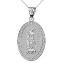 Solid White Gold Saint Lazarus Engravable Oval Medallion Diamond Pendant Necklace (Large)