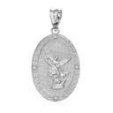 Sterling Silver  Archangel Michael Oval Medallion CZ Prayer Pendant Necklace (Large)