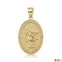 Solid Gold Diamond Archangel Saint Michael Oval Medallion Small Pendant Necklace (Available in Yellow/Rose/White Gold)