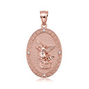 Solid Gold Diamond Archangel Saint Michael Oval Medallion Small Pendant Necklace (Available in Yellow/Rose/White Gold)