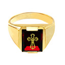 Solid Yellow Gold Red CZ Stone Crucifix Signet Men's Ring