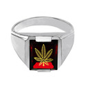 Solid White Gold Red CZ Stone Marijuana Signet Men's Ring