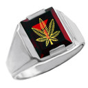 Solid White Gold Red CZ Stone Marijuana Signet Men's Ring