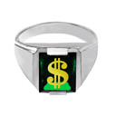 Solid White Gold Green CZ Stone Dollar Sign Signet Men's Ring