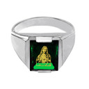 Solid White Gold Green CZ Stone Sacred Heart Jesus Signet Men's Ring