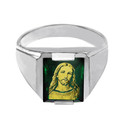 Solid White Gold Green CZ Stone Jesus Christ Signet Men's Ring