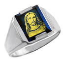 Sterling Silver Blue CZ Stone Jesus Christ Signet Men's Ring