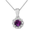 14k White Gold Dainty Floral Diamond Center Stone Amethyst Pendant Necklace