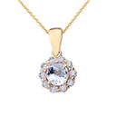 14k Yellow Gold Dainty Floral Diamond Center Stone Aquamarine Pendant Necklace