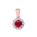 14k Rose Gold Dainty Floral Diamond Center Stone Ruby Pendant Necklace