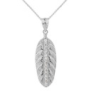 Sterling Silver Cubic Zirconia Boho Feather Pendant Necklace (Large)