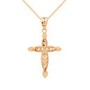 Solid Yellow Gold Love Heart Woven Filigree Cross Pendant Necklace