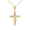 Two Tone Yellow Gold Love Heart Woven Filigree Cross Pendant Necklace