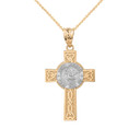 Solid Two Tone Yellow Gold Saint Michael Pray For Us Celtic Cross Pendant Necklace