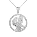 Solid White Gold Rope Frame Diamond Cut American Eagle Circle Pendant Necklace