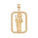 Solid Yellow  Gold Rope Frame Diamond Cut Saint Jude Rectangle Pendant Necklace