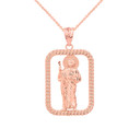 Solid Rose Gold Rope Frame Diamond Cut Saint Jude Rectangle Pendant Necklace