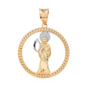 Solid Two Tone Yellow Gold Rope Frame Diamond Cut Santa Muerte Circle Pendant Necklace