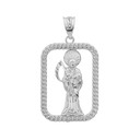 Solid White Gold Rope Frame Diamond Cut Santa Muerte Rectangle Pendant Necklace