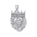 Solid White Gold Double Sided Text Embossed Cubic Zirconia Lion King Pendant Necklace