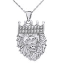 Solid White Gold Double Sided Text Embossed Cubic Zirconia Lion King Pendant Necklace
