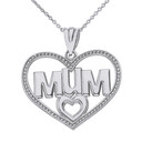 Solid White Gold Dotted Texture Double Hearts Mum Pendant Necklace