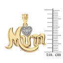 Solid Yellow Gold  Rhodium Heart Diamond Cursive Mum Pendant Necklace