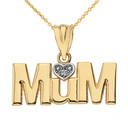 Solid Yellow Gold  Rhodium Heart Diamond Mum Pendant Necklace