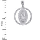 Solid White Gold Cuban Link Circle Frame Diamond Cut Lady of Guadalupe Pendant Necklace