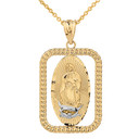 Solid Two Tone Yellow Gold Cuban Link Rectangular Frame Diamond Cut Lady of Guadalupe Pendant Necklace