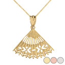 Cut Out Folding Hand Fan Pendant Necklace in Solid Gold (Yellow/Rose/White)