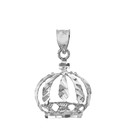 Solid White Gold Diamond Cut Christian Royal Crown Pendant Necklace