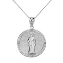 Solid White Gold Diamond Saint Peter Engravable Circle Medallion Pendant Necklace (Small)